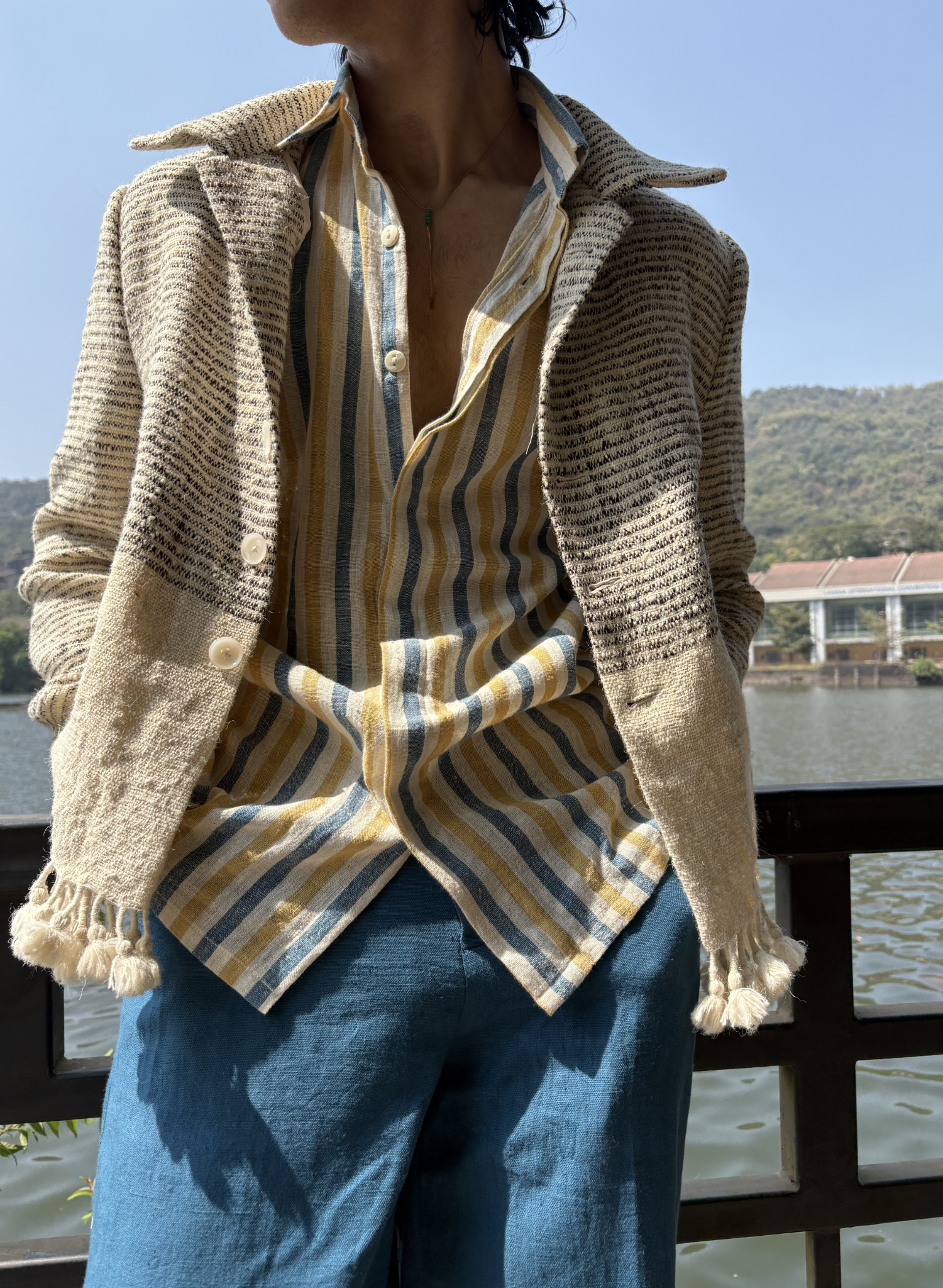 Handwoven Striped Concealed Placket Shirt