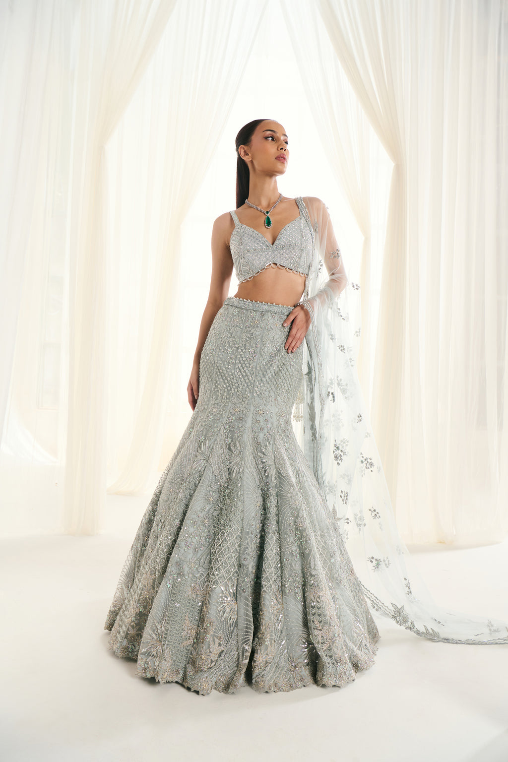 Ice Blue Net Sequins Embroidered Fish-Cut Lehenga Set