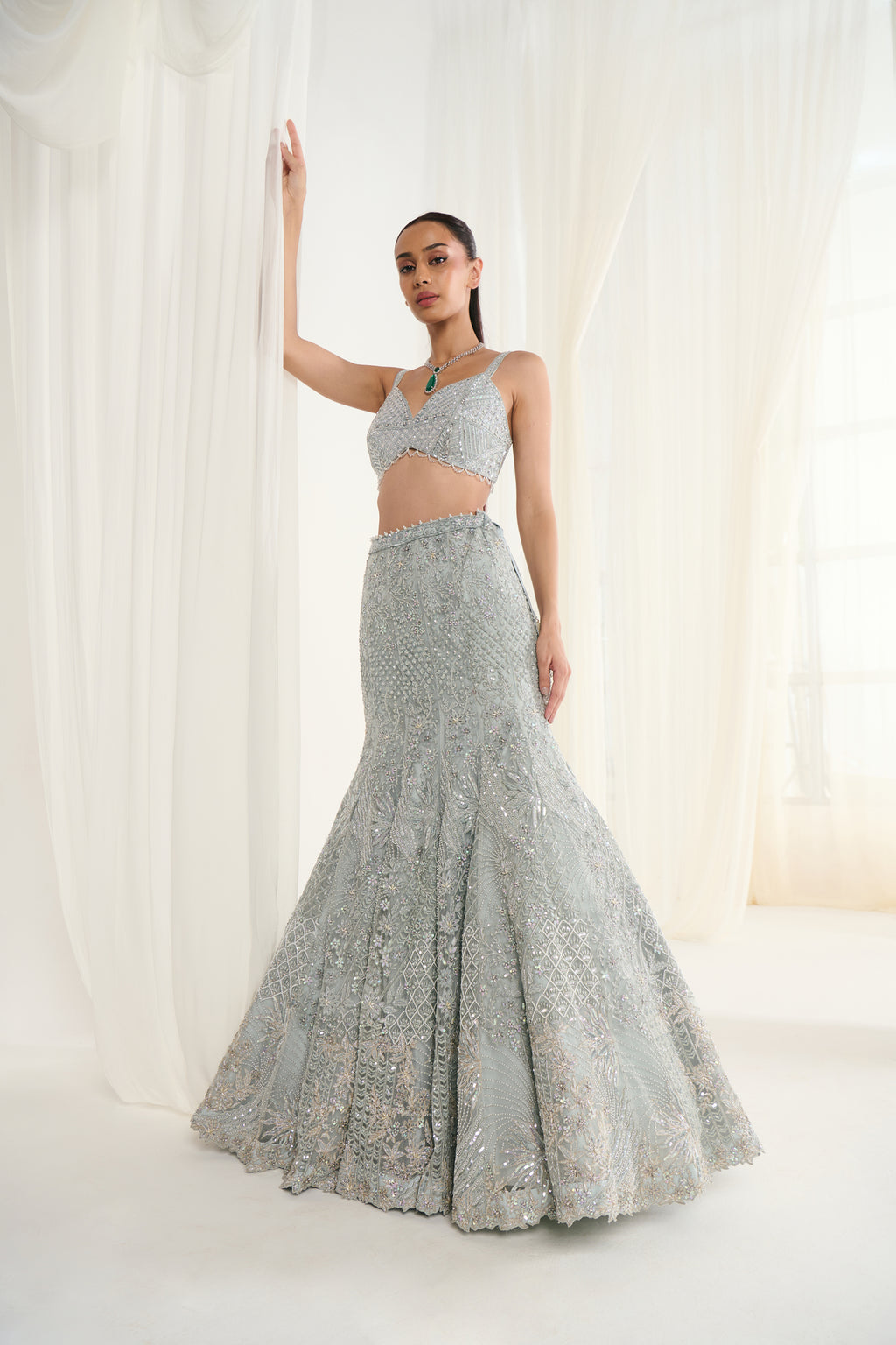Ice Blue Net Sequins Embroidered Fish-Cut Lehenga Set