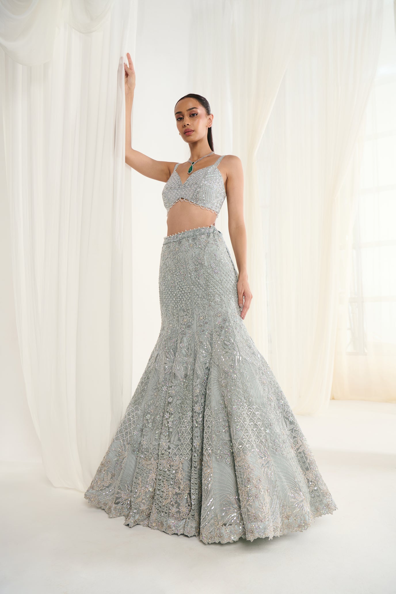 Ice Blue Net Sequins Embroidered Fish-Cut Lehenga Set