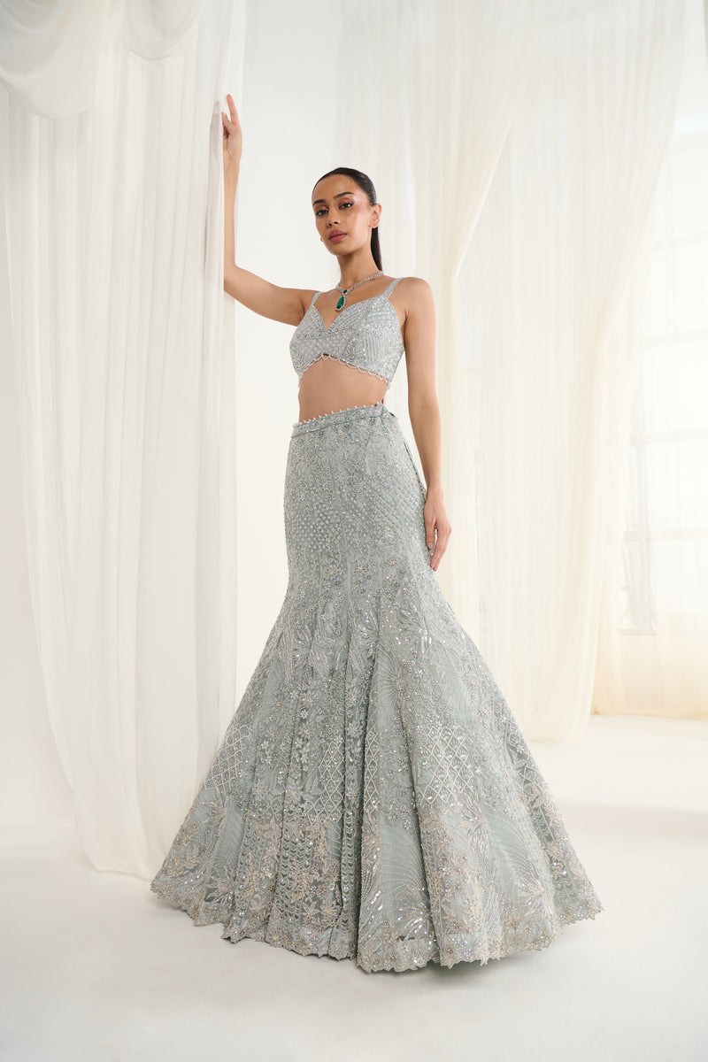 Ice Blue Net Sequins Embroidered Fish-Cut Lehenga Set