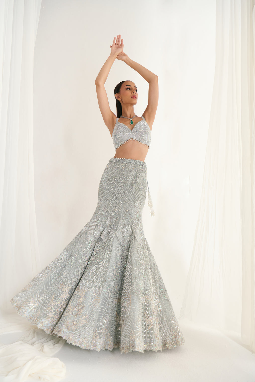 Ice Blue Net Sequins Embroidered Fish-Cut Lehenga Set