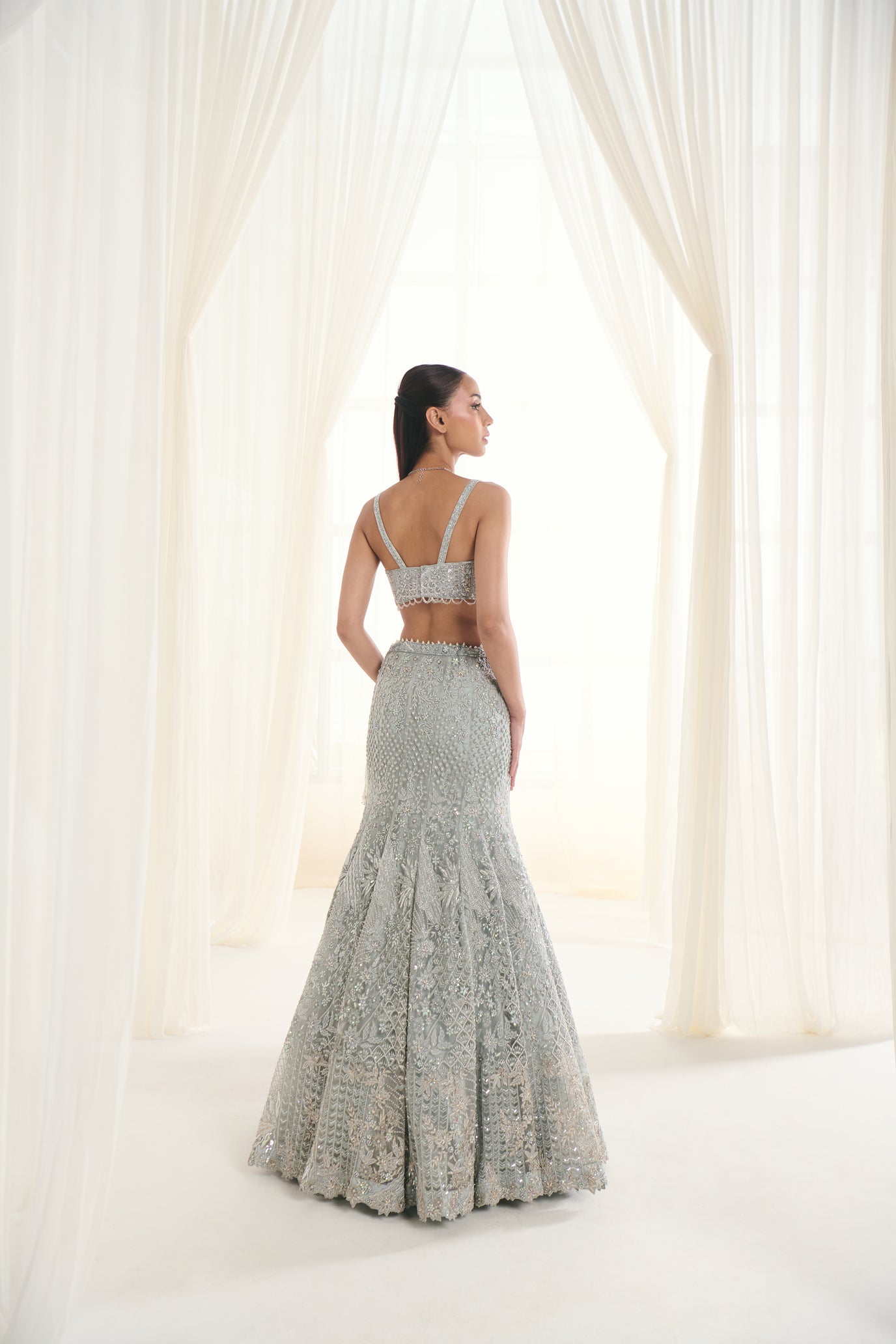 Ice Blue Net Sequins Embroidered Fish-Cut Lehenga Set