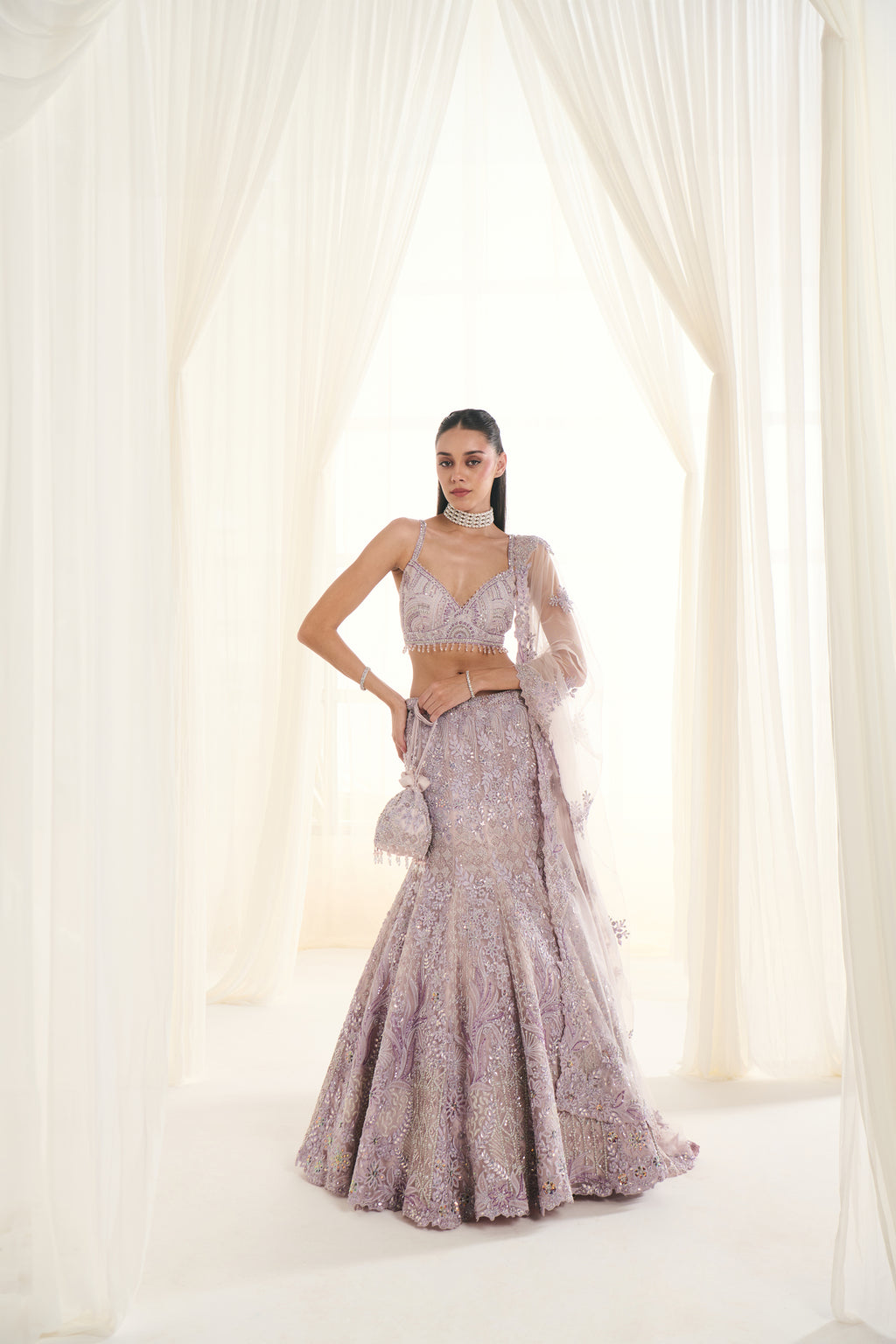 Lilac Net Sequins Embroidered Fish-Cut Lehenga Set