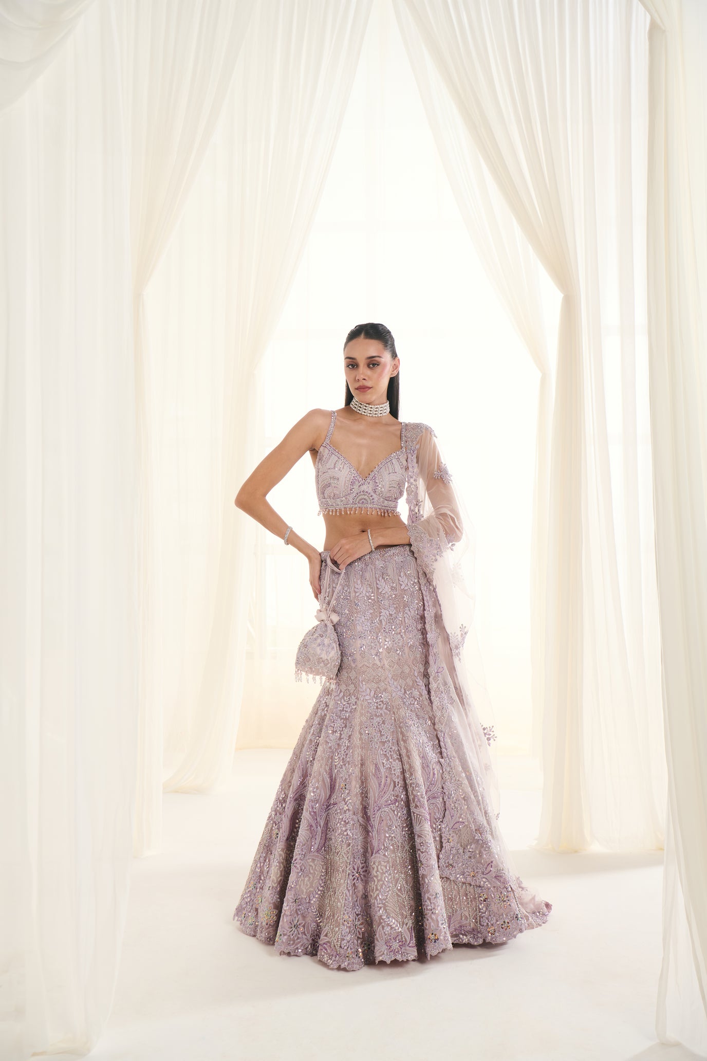Lilac Net Sequins Embroidered Fish-Cut Lehenga Set