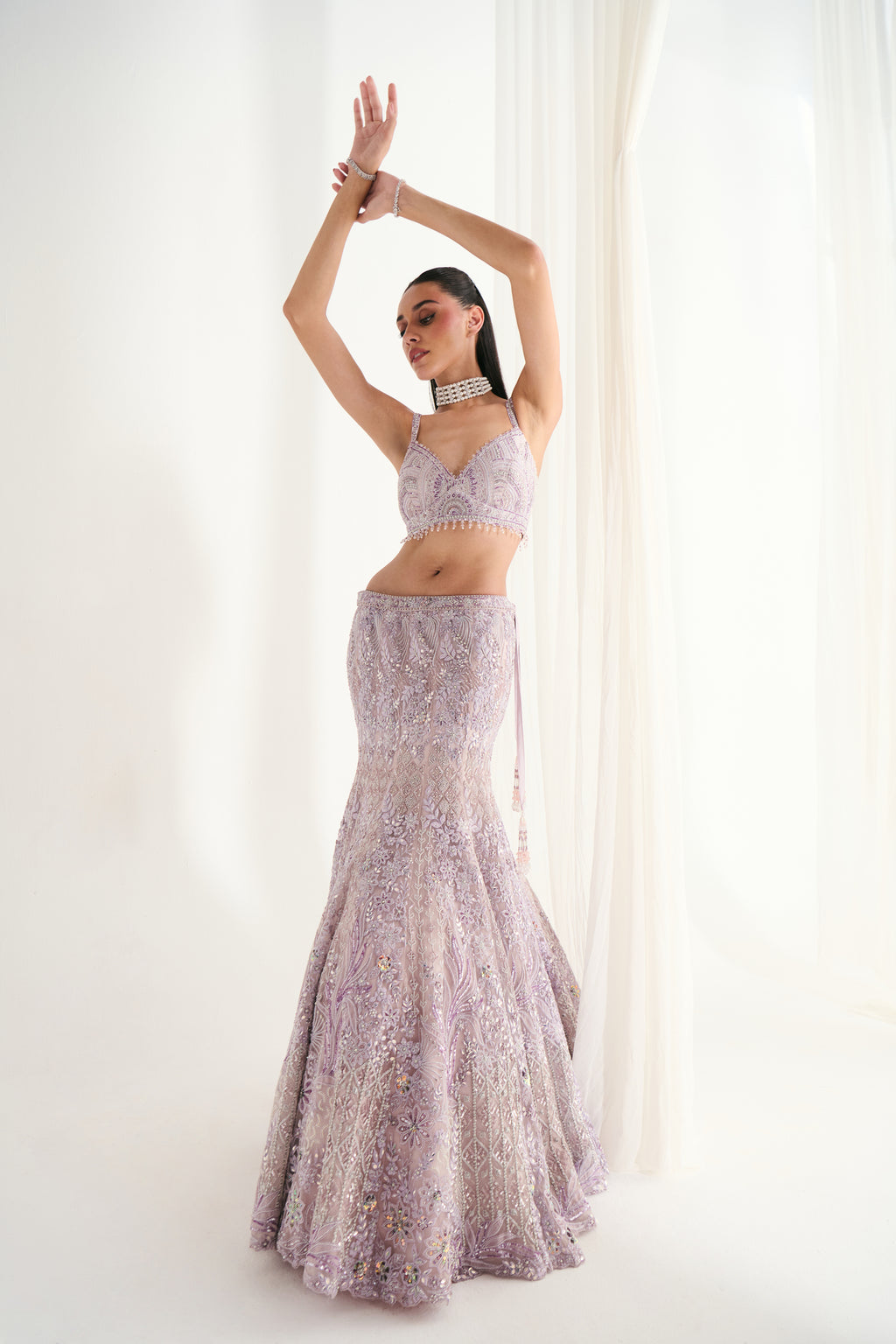 Lilac Net Sequins Embroidered Fish-Cut Lehenga Set