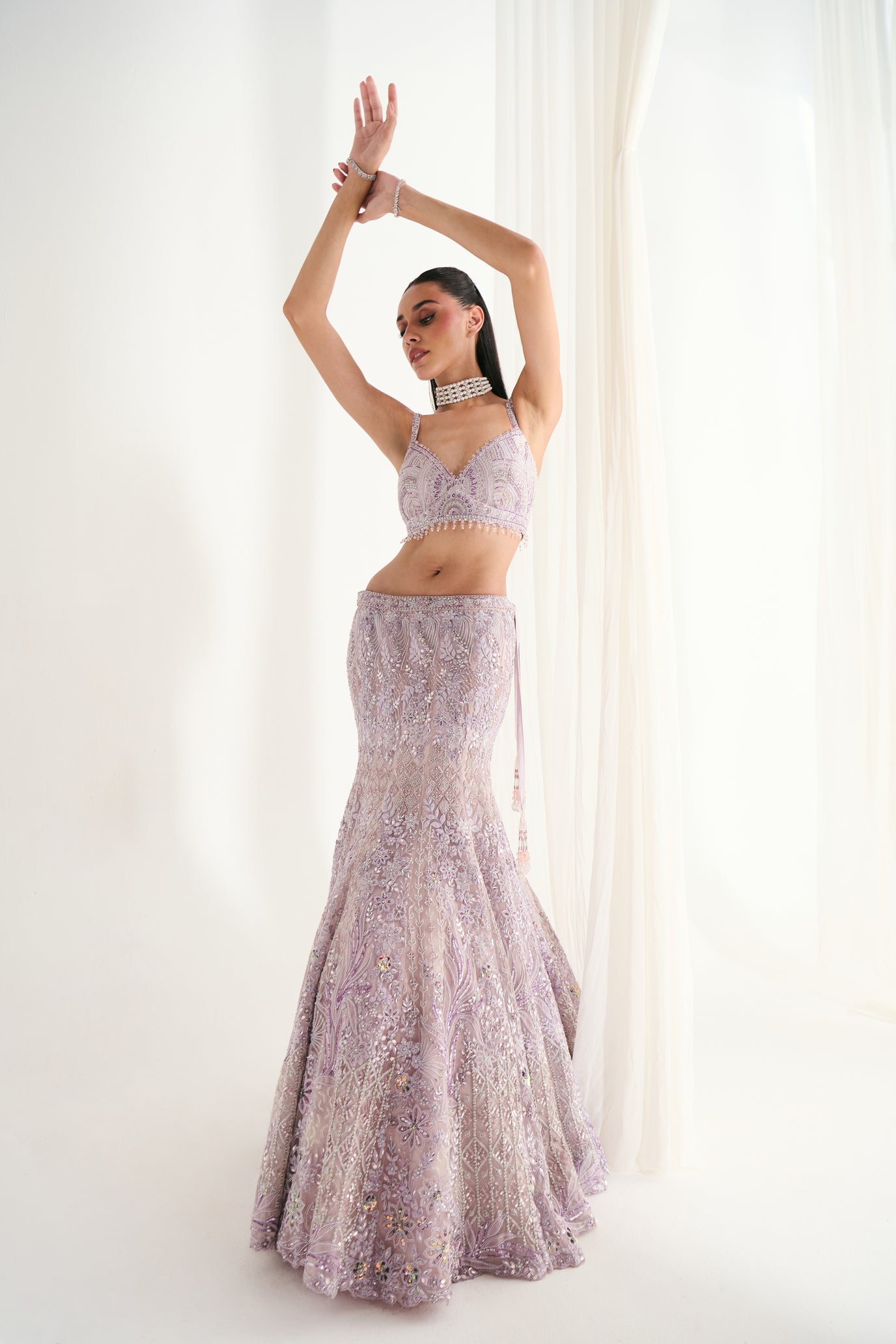 Lilac Net Sequins Embroidered Fish-Cut Lehenga Set