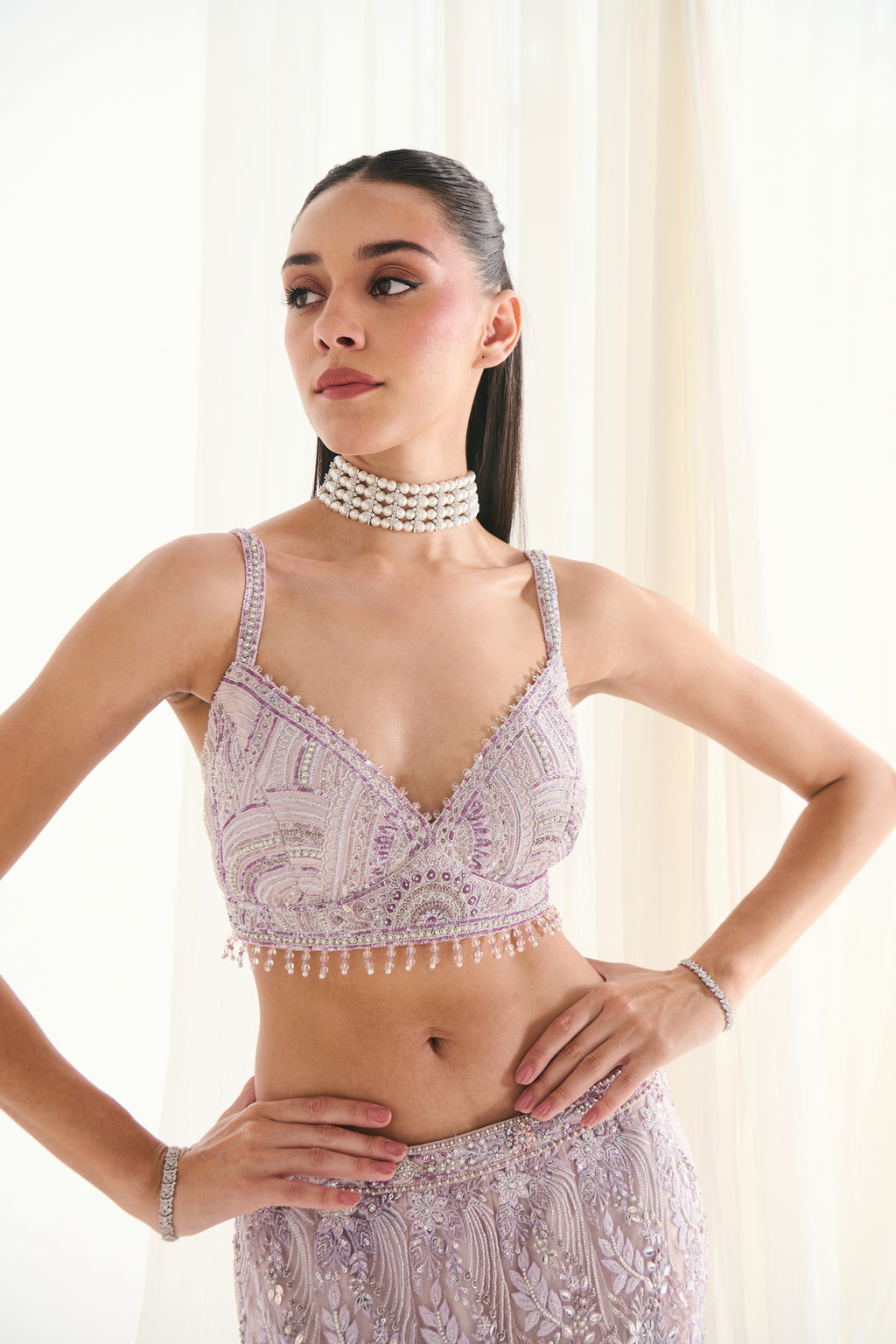Lilac Net Sequins Embroidered Fish-Cut Lehenga Set