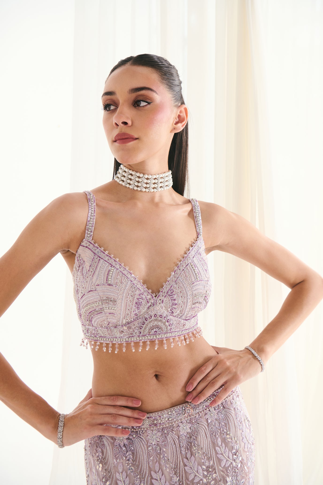 Lilac Net Sequins Embroidered Fish-Cut Lehenga Set