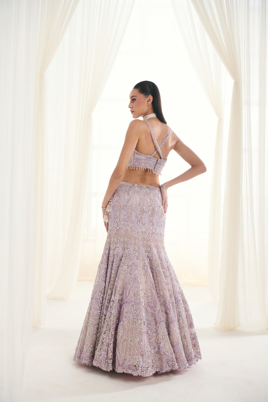 Lilac Net Sequins Embroidered Fish-Cut Lehenga Set