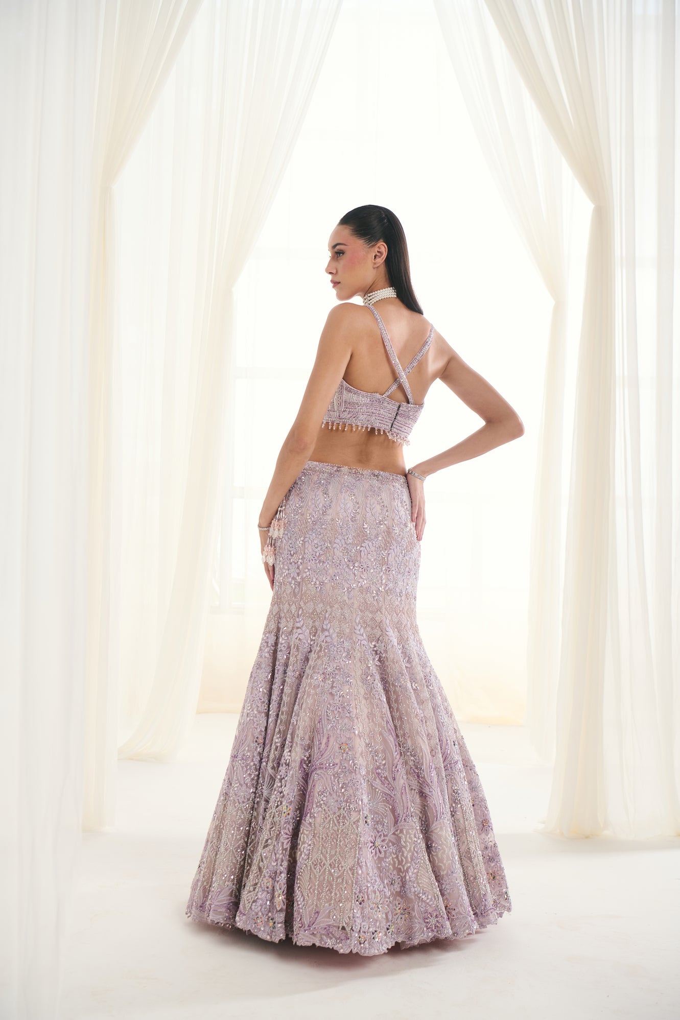 Lilac Net Sequins Embroidered Fish-Cut Lehenga Set
