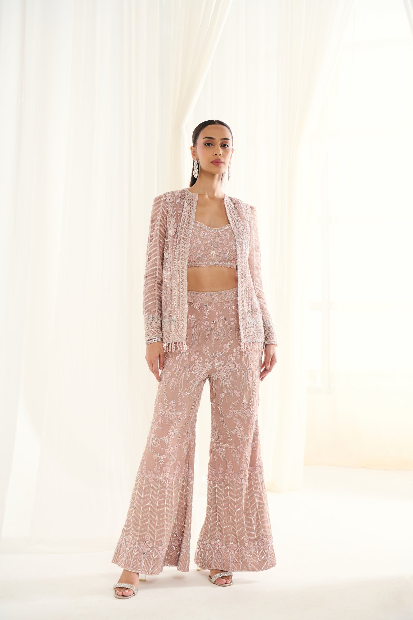 Pink Net Sequins Embellished Jacket Set