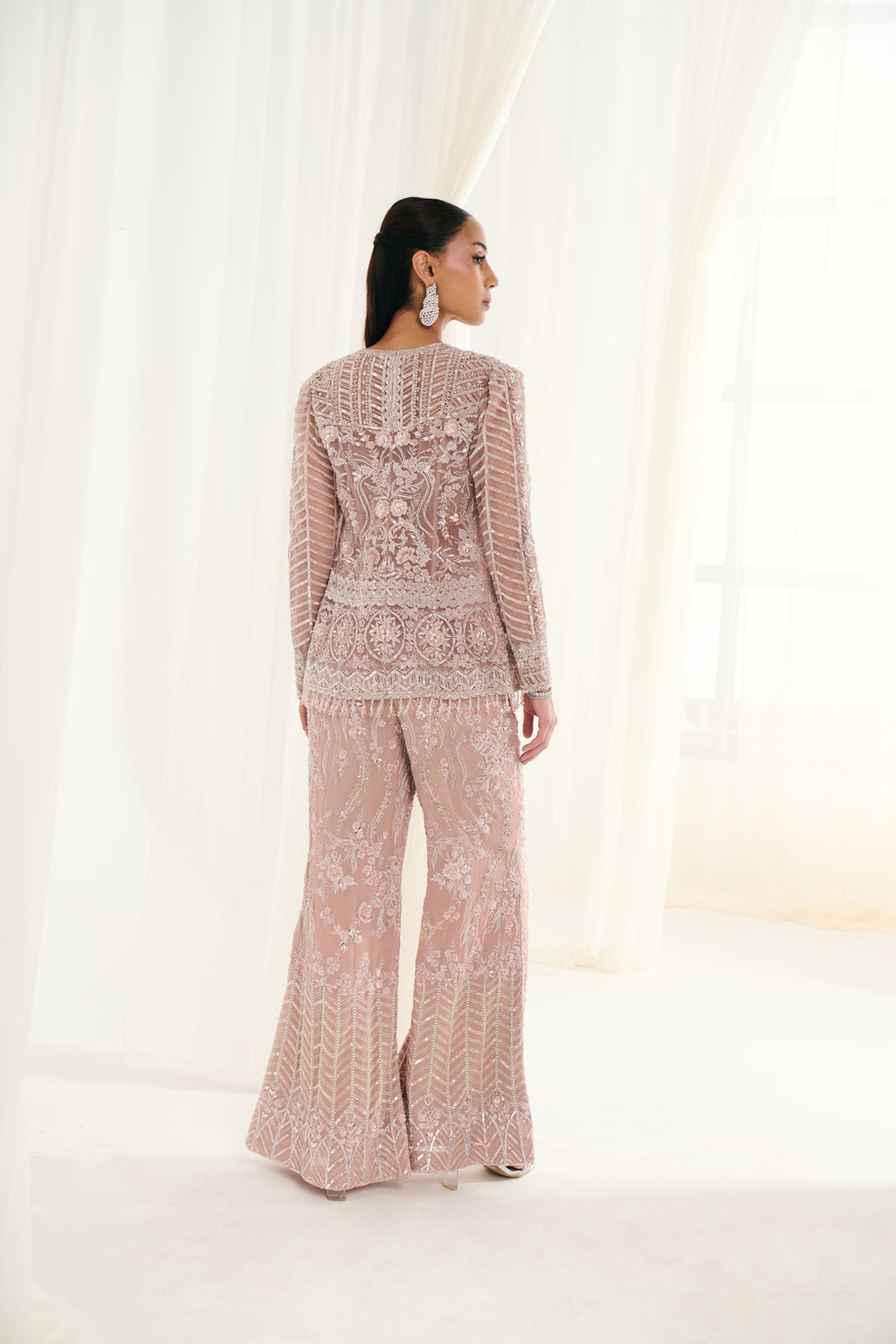 Pink Net Sequins Embellished Jacket Set