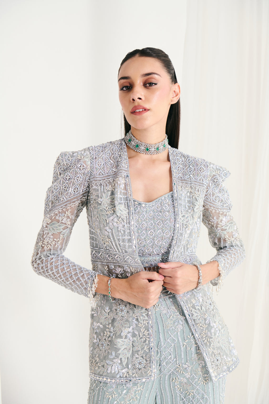 Ice Blue Net Sequins Embellished Jacket Set