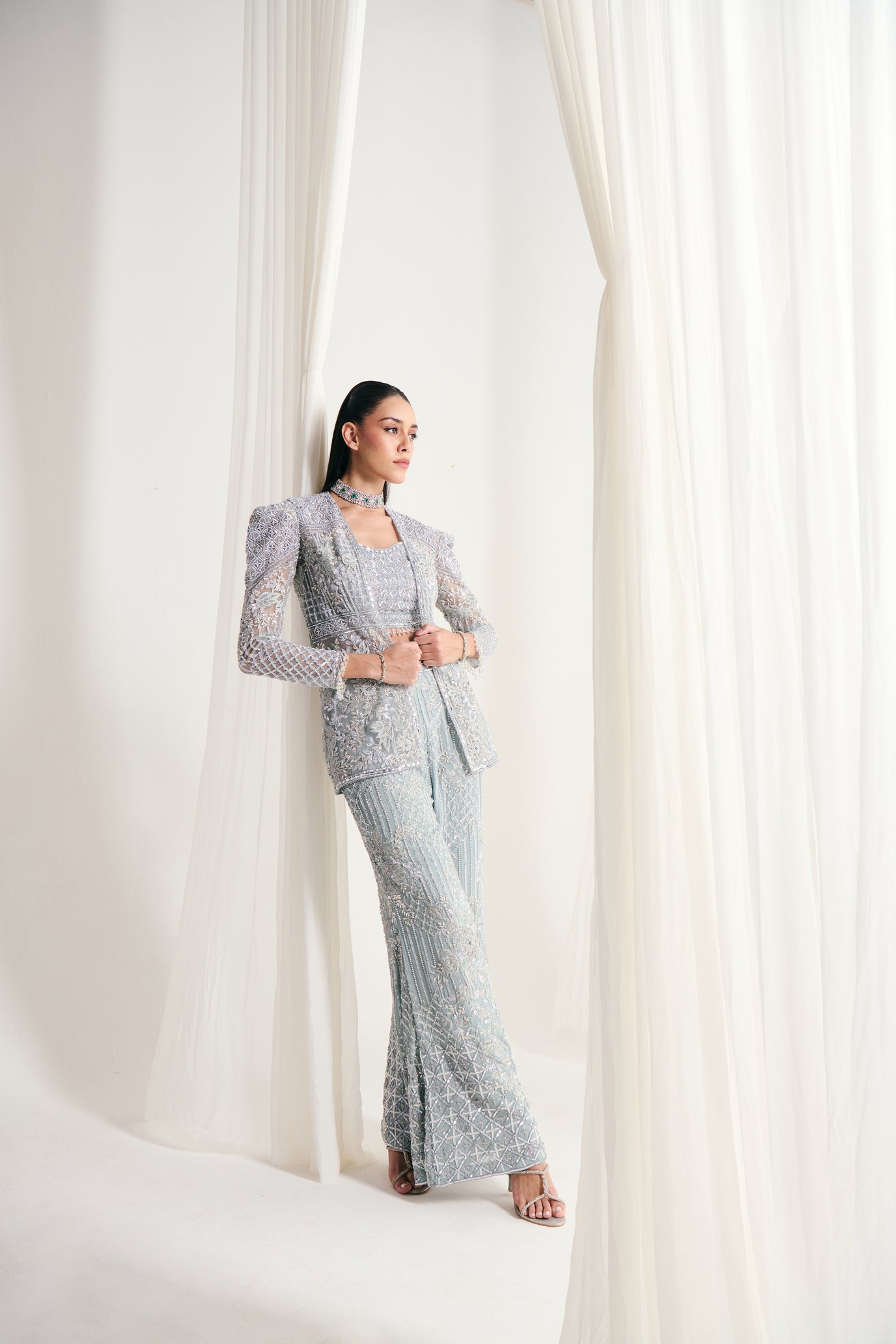 Ice Blue Net Sequins Embellished Jacket Set