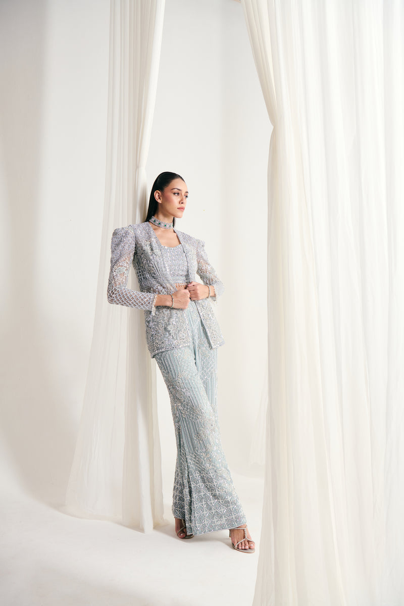 Ice Blue Net Sequins Embellished Jacket Set