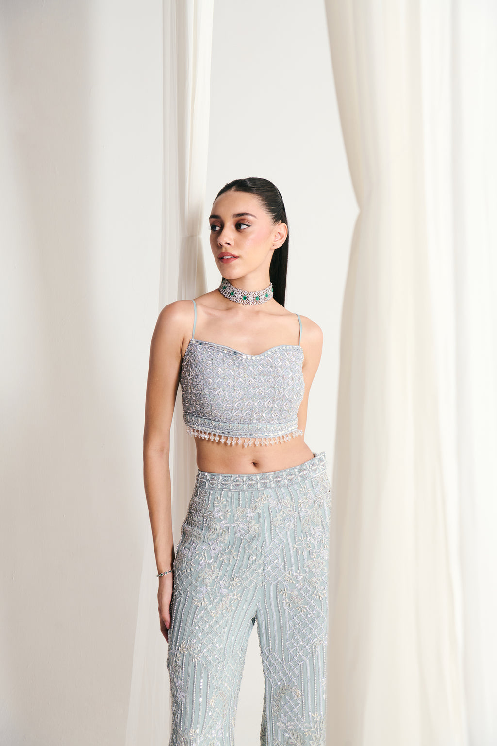 Ice Blue Net Sequins Embellished Jacket Set