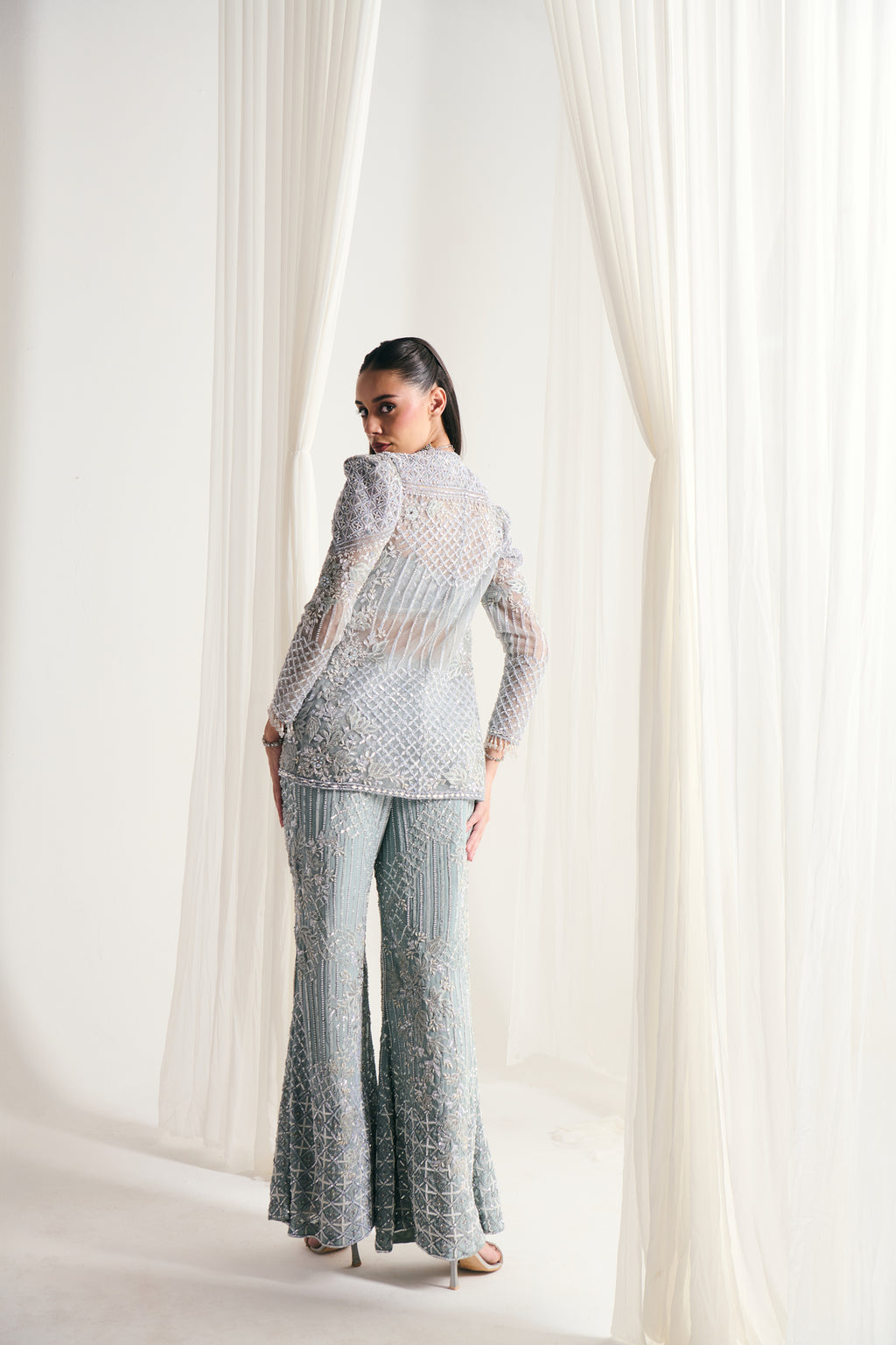 Ice Blue Net Sequins Embellished Jacket Set