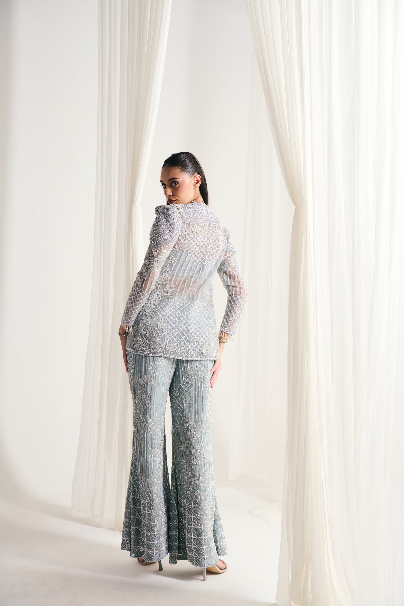 Ice Blue Net Sequins Embellished Jacket Set