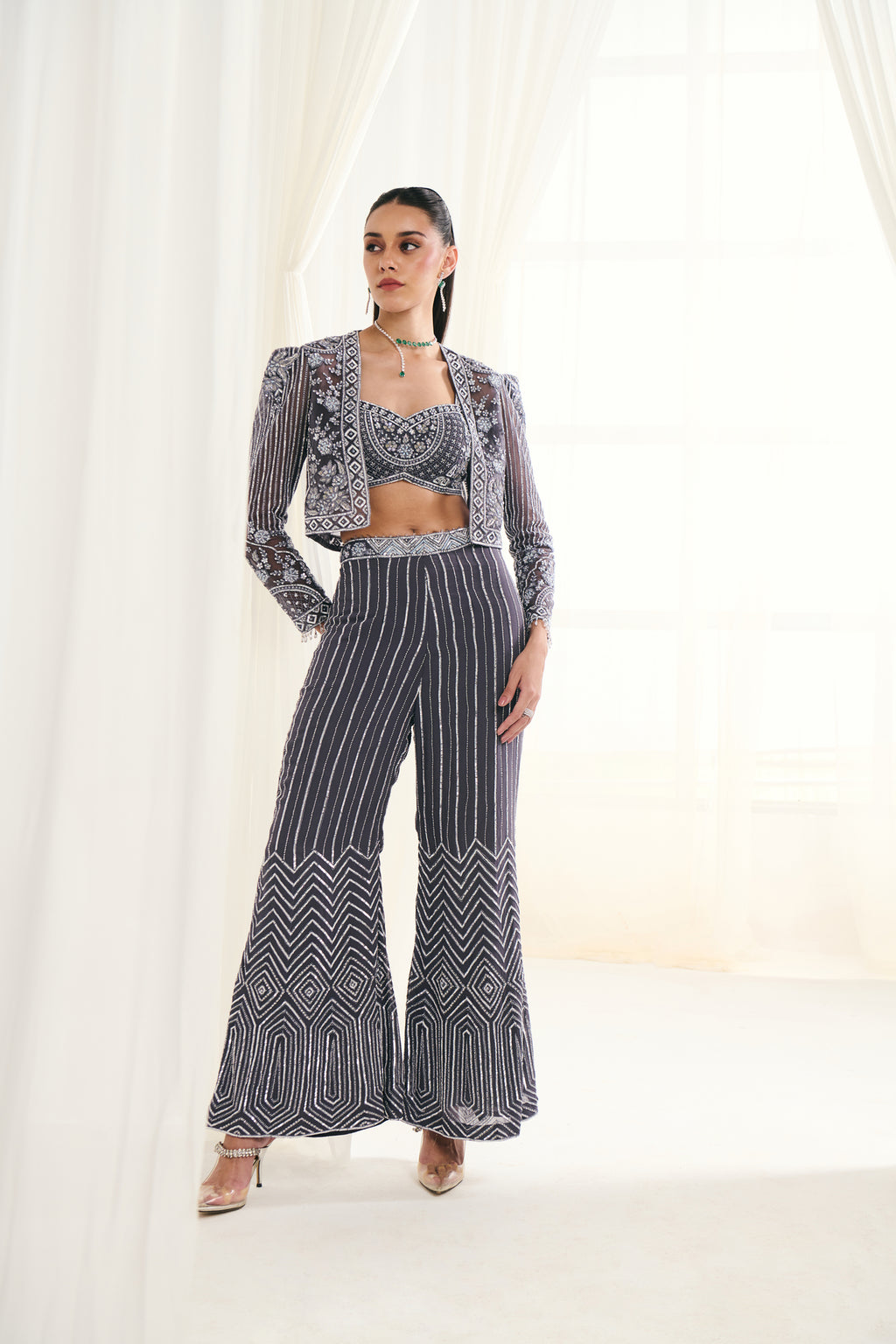 Grey Net Sequins Work Jacket Set