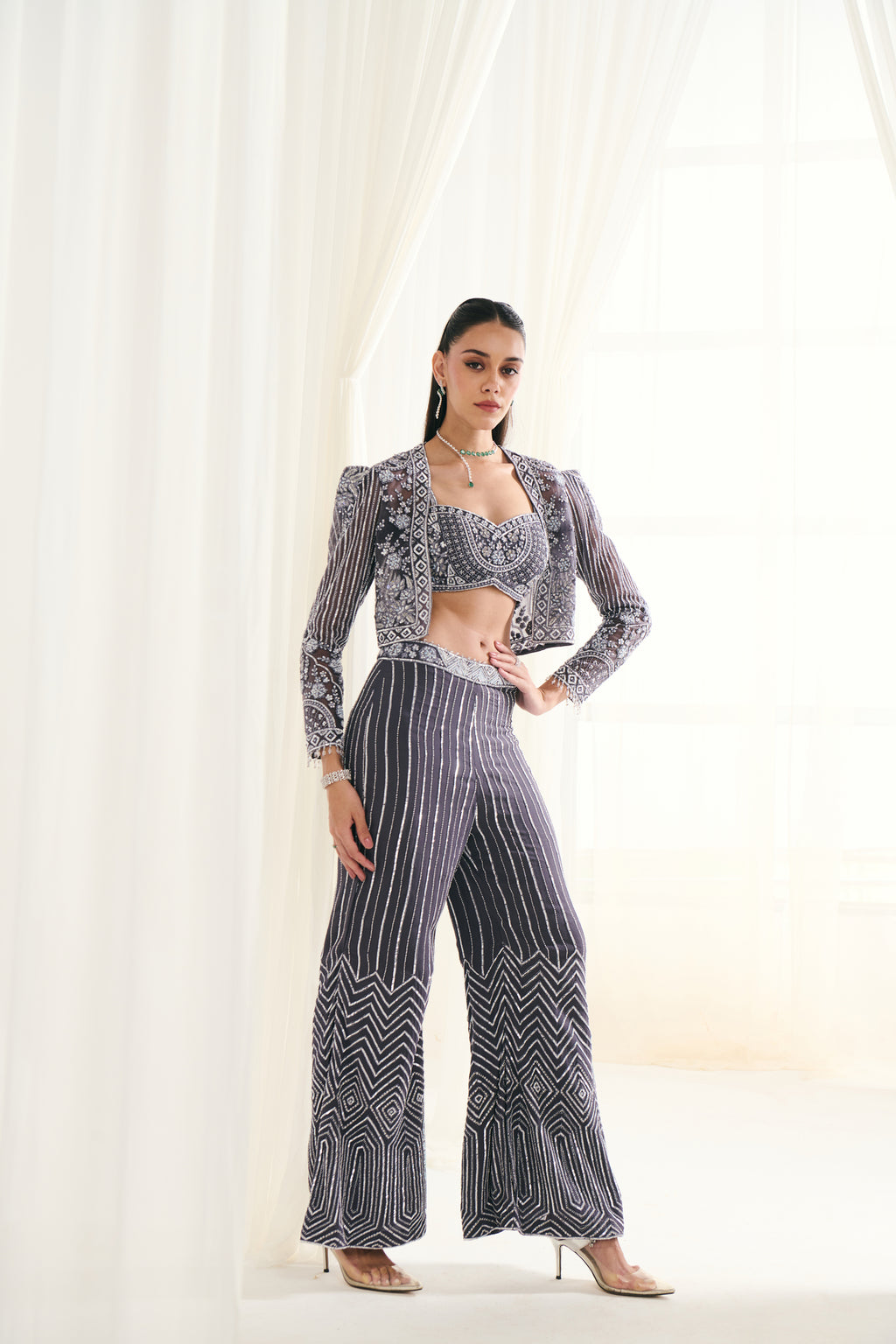Grey Net Sequins Work Jacket Set