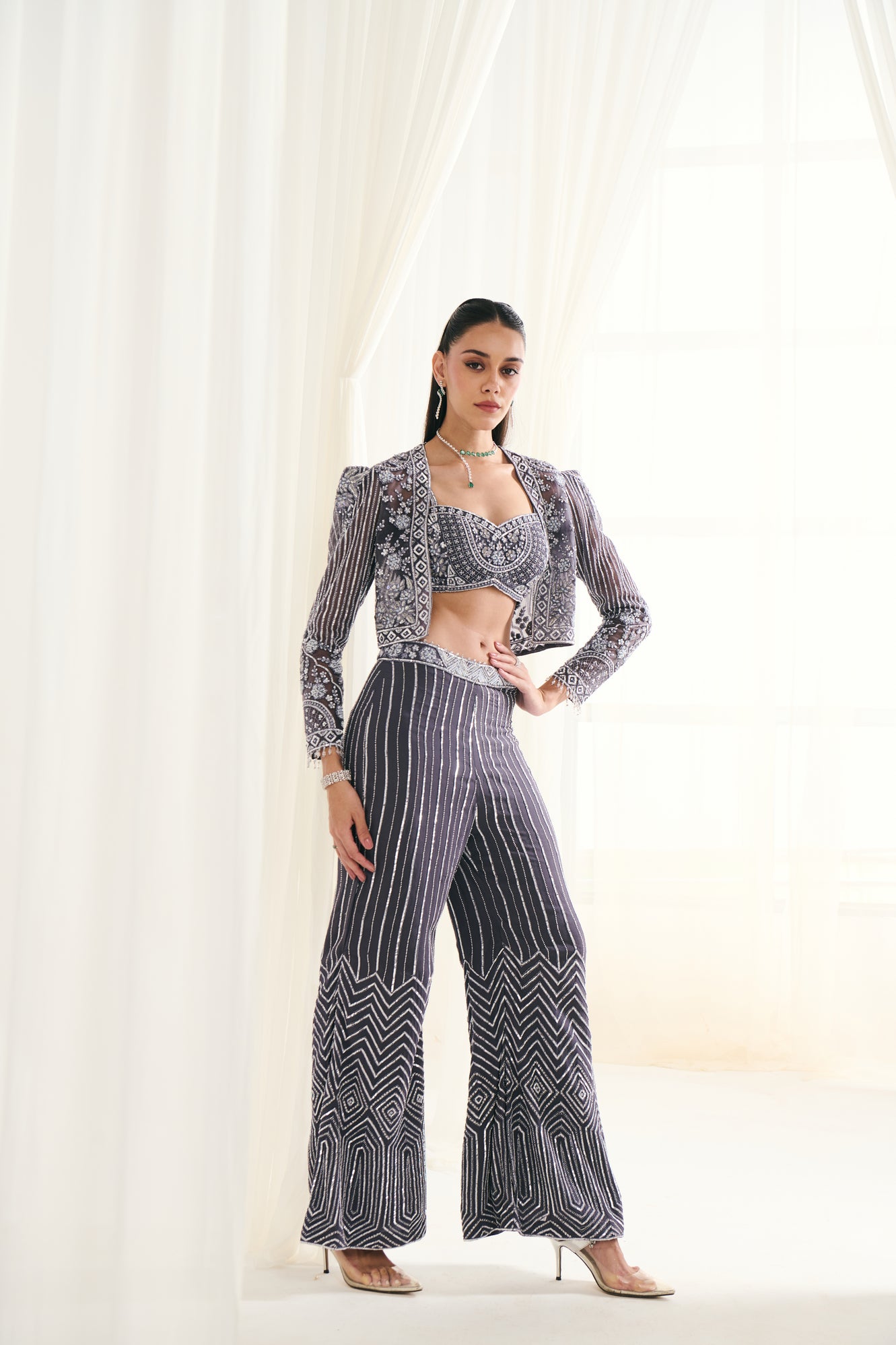 Grey Net Sequins Work Jacket Set