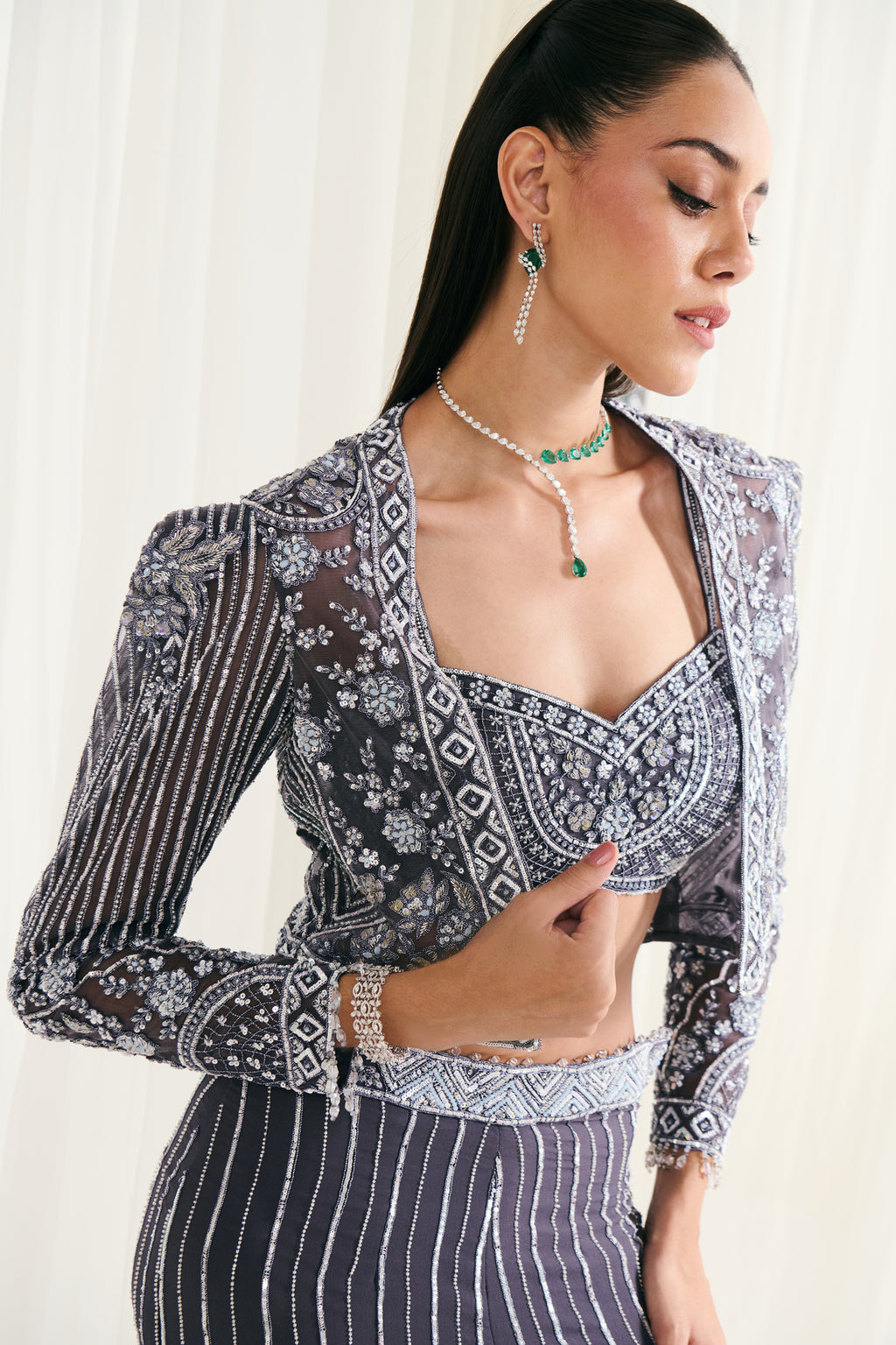 Grey Net Sequins Work Jacket Set