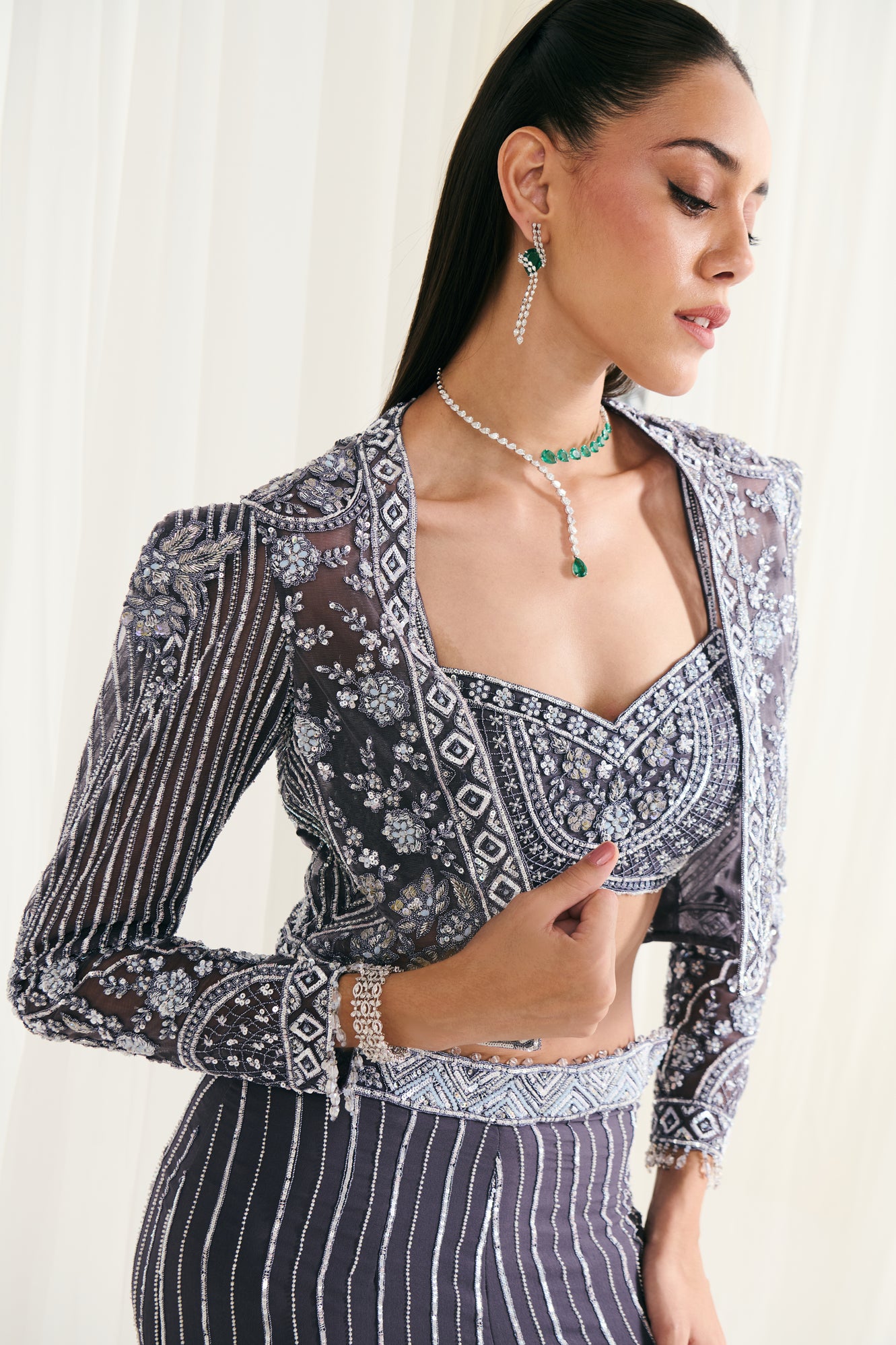 Grey Net Sequins Work Jacket Set