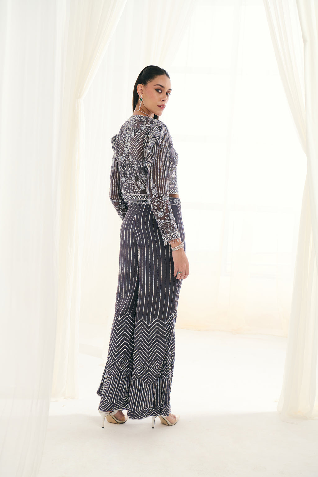 Grey Net Sequins Work Jacket Set