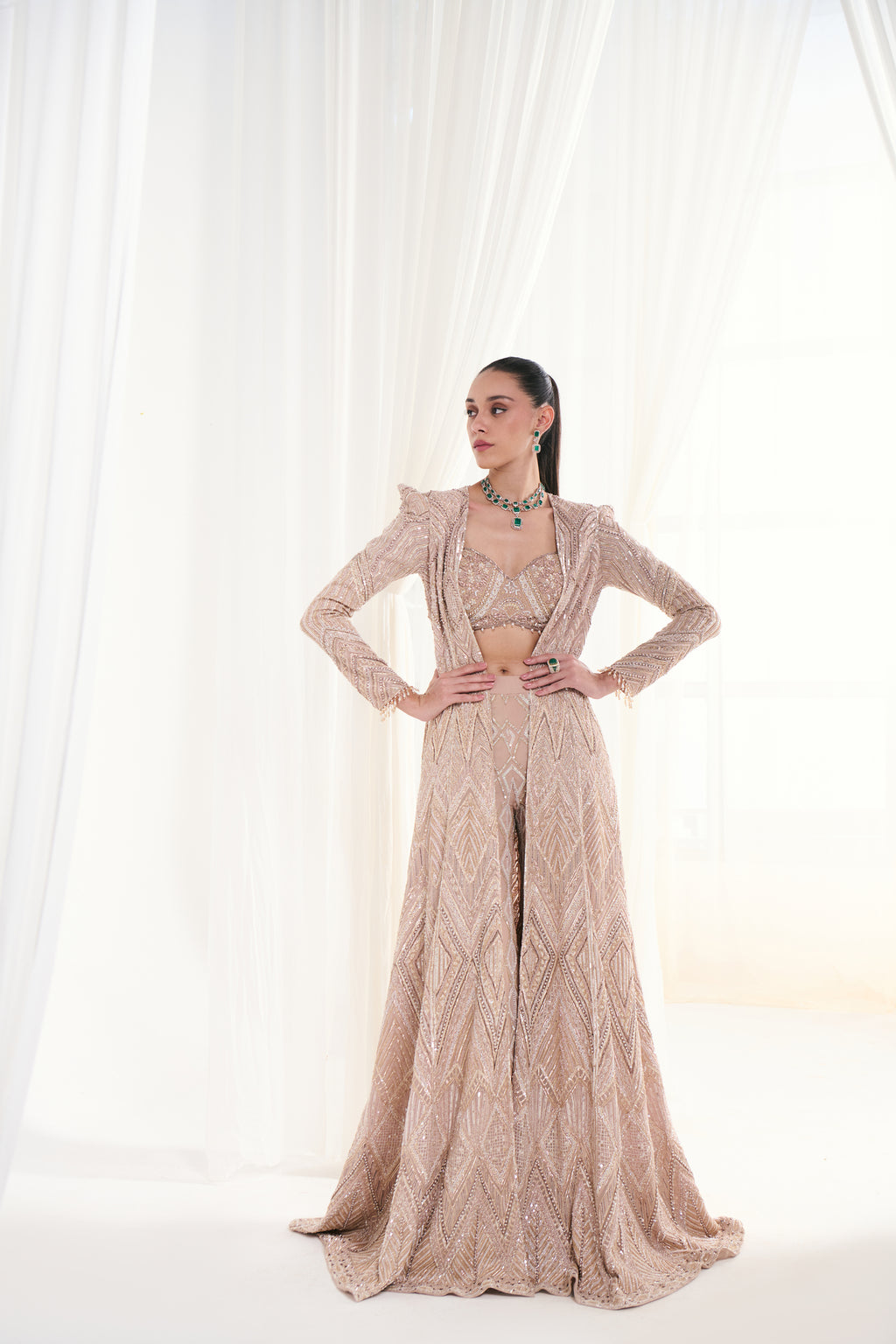 Peach Net Pearl & Sequins Embellished Jacket Set