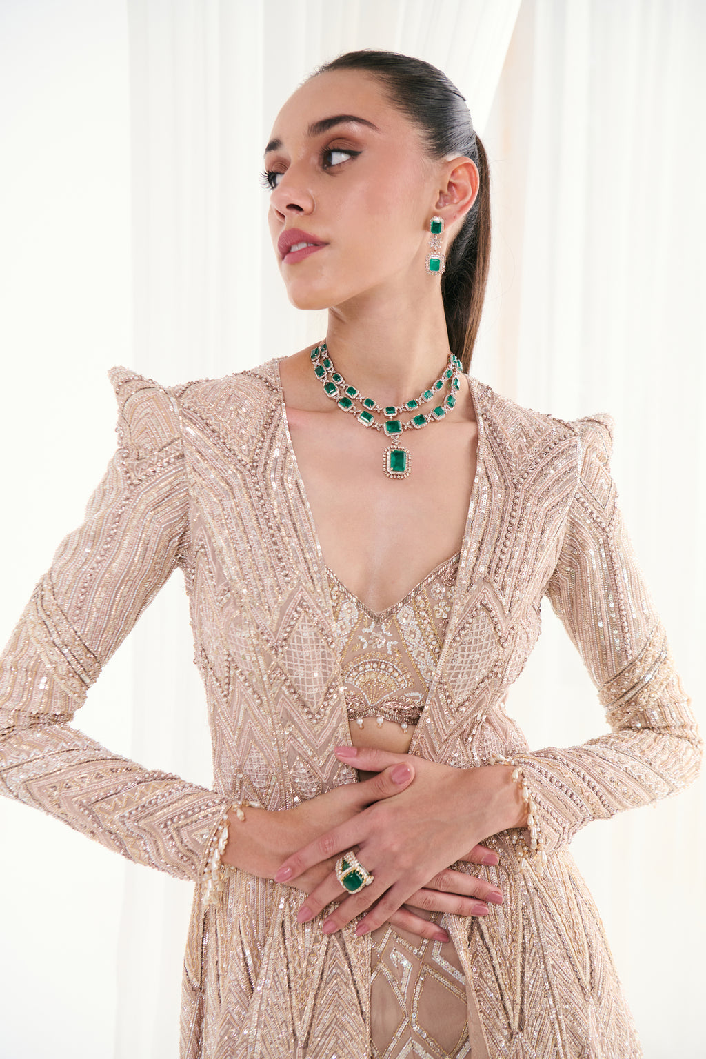 Peach Net Pearl & Sequins Embellished Jacket Set