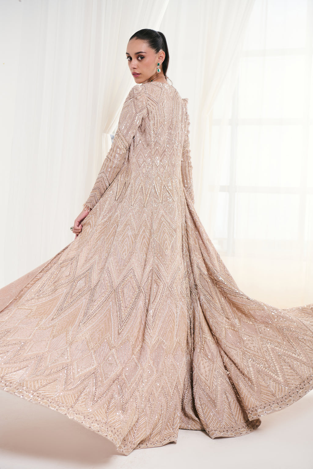 Peach Net Pearl & Sequins Embellished Jacket Set