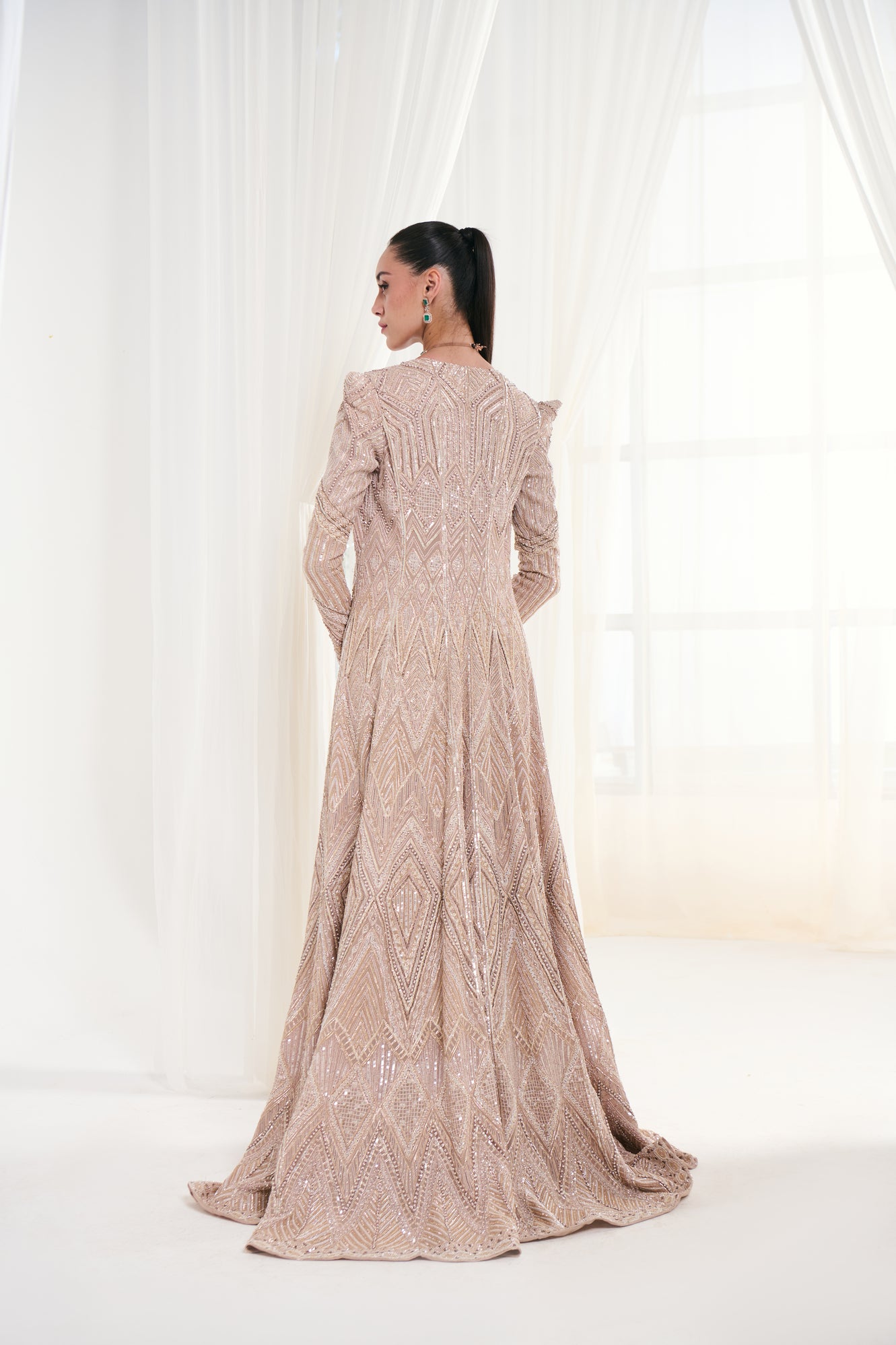 Peach Net Pearl & Sequins Embellished Jacket Set