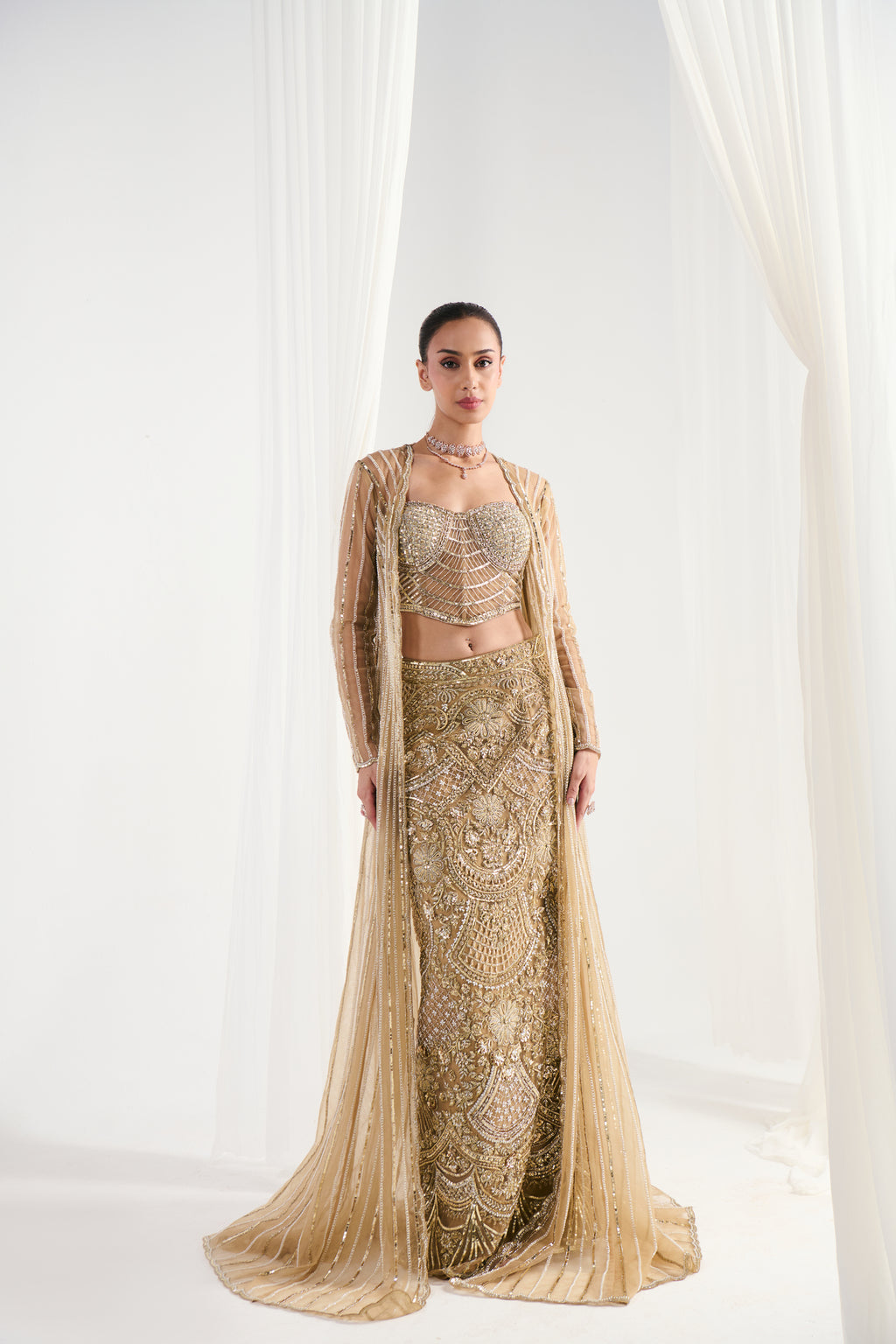 Golden Net Cutdana Embroidered Jacket Set